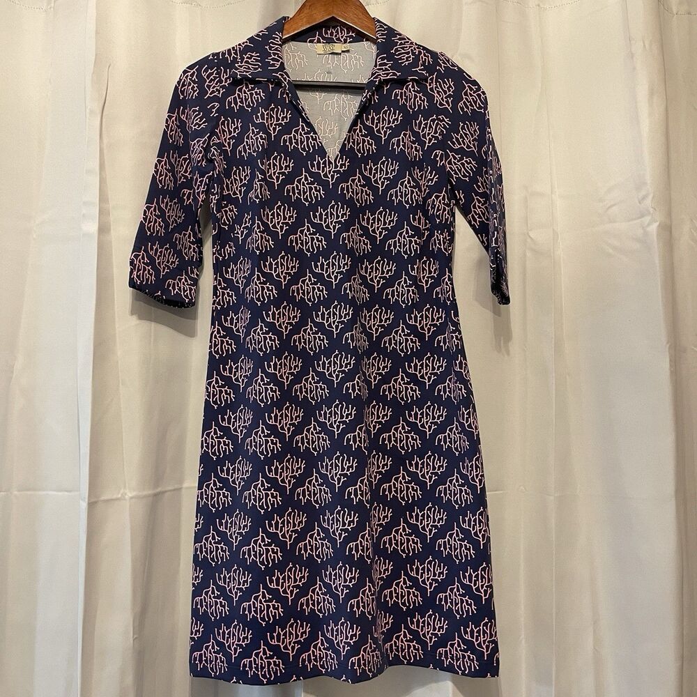 Katherine Way Dress Extra Small Blue Pink Stretch Flounce Cuff Horseshoe Neck